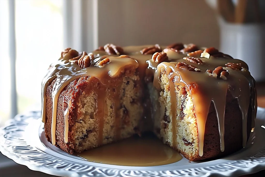 Apple Pecan Cake with Caramel Glaze