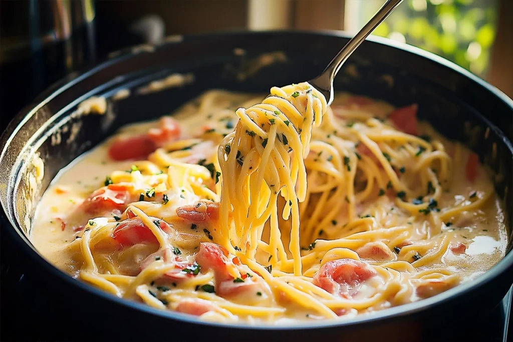 Creamy Crockpot Chicken Spaghetti